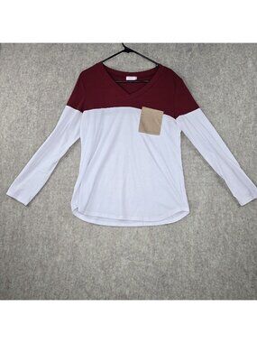 BlueTree Womens Long Sleeve Colorblock V-Neck Pocket Tee Maroon/White Medium